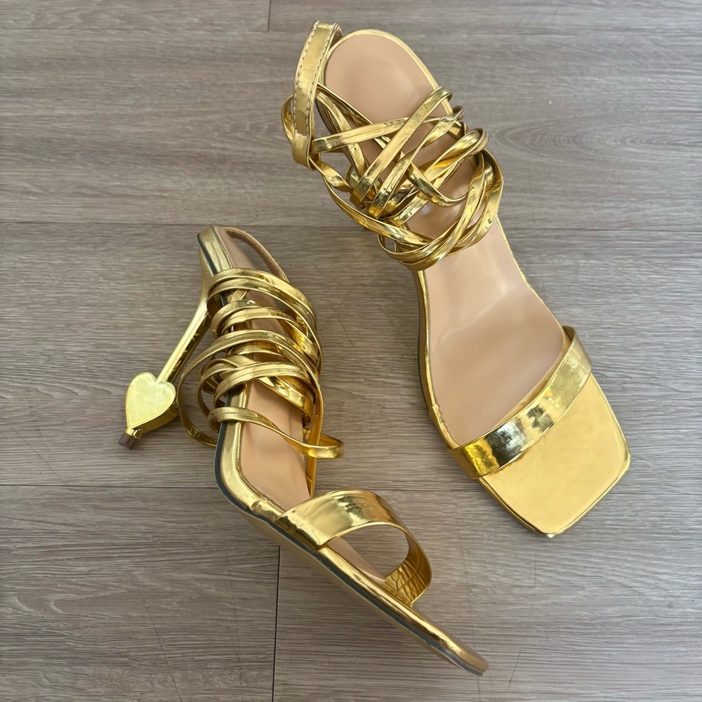 SHEIN Metallic Gold Strappy Heels with Heart Shaped Heel Bottom